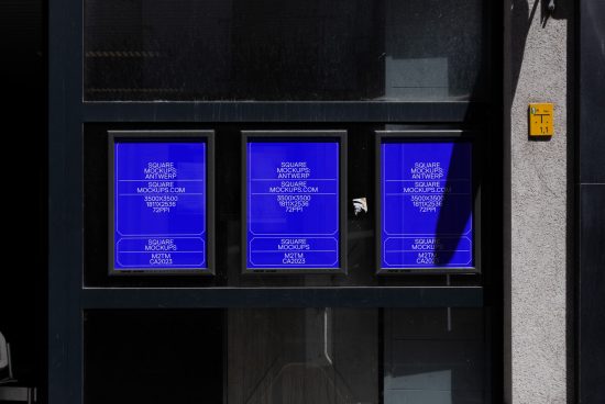 Three square digital mockup templates displayed on backlit urban panels with high-resolution specs for graphic design.